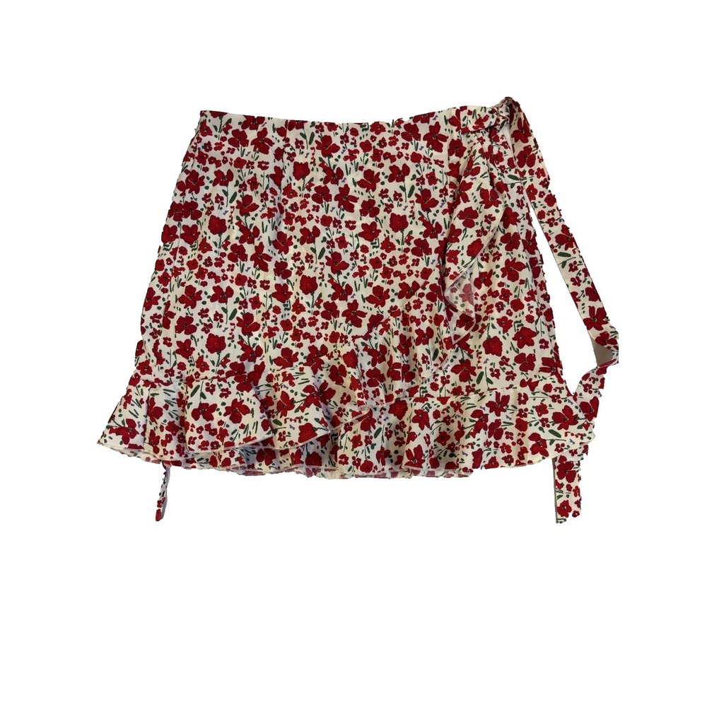 Naggoo Women's L Red Floral Wrap Skirt Ruffle BOHO Cottagecore Spring‎ Summer